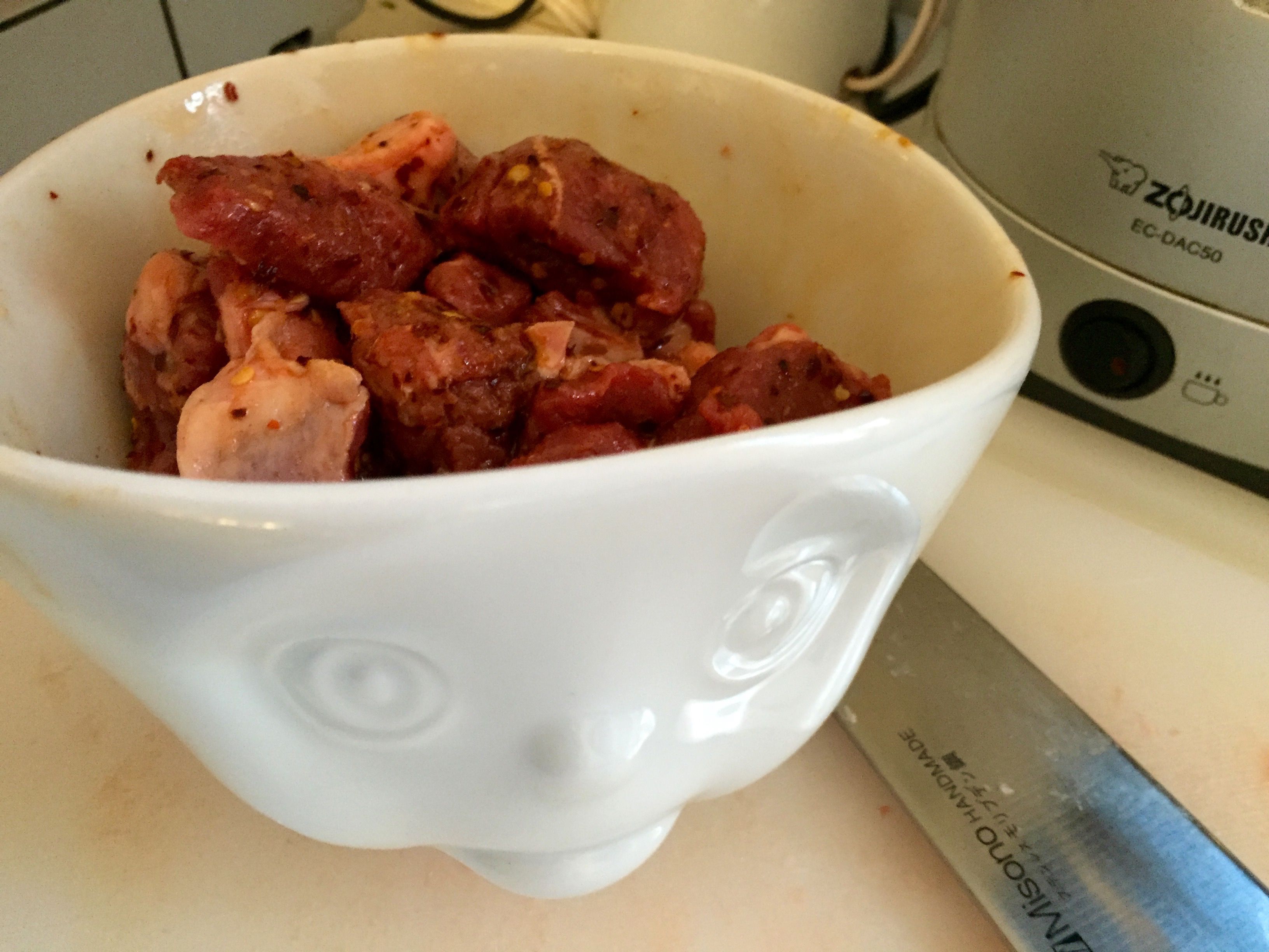  2. In a mortar, grind and mix the dry seasoning mix and set aside. Also grind spices for the marinade and mix with the oil. 